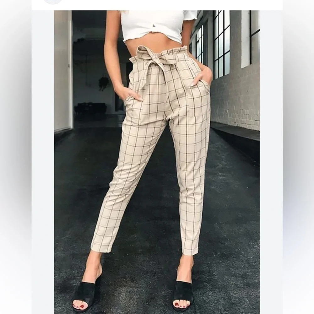 Belted frill high waist plaid pants